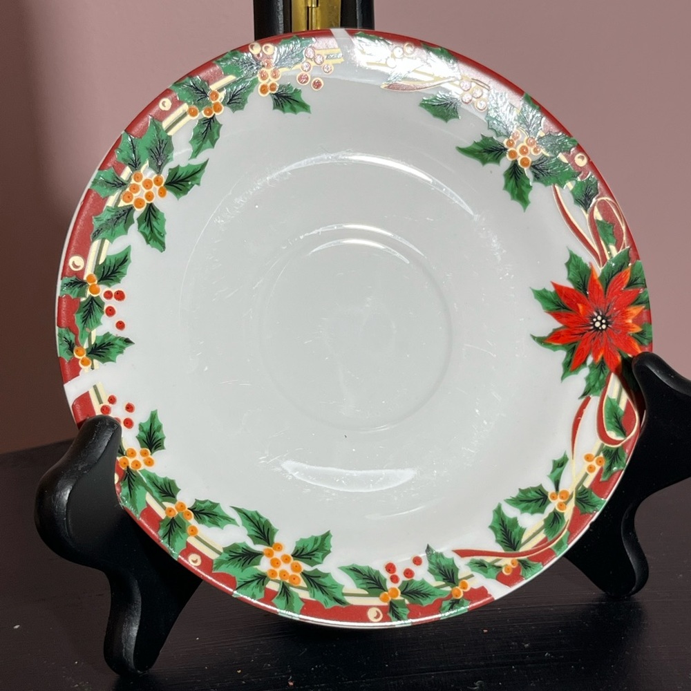 Ancam fine porcelain Poinsettia and Holly festive saucer replacement 6””